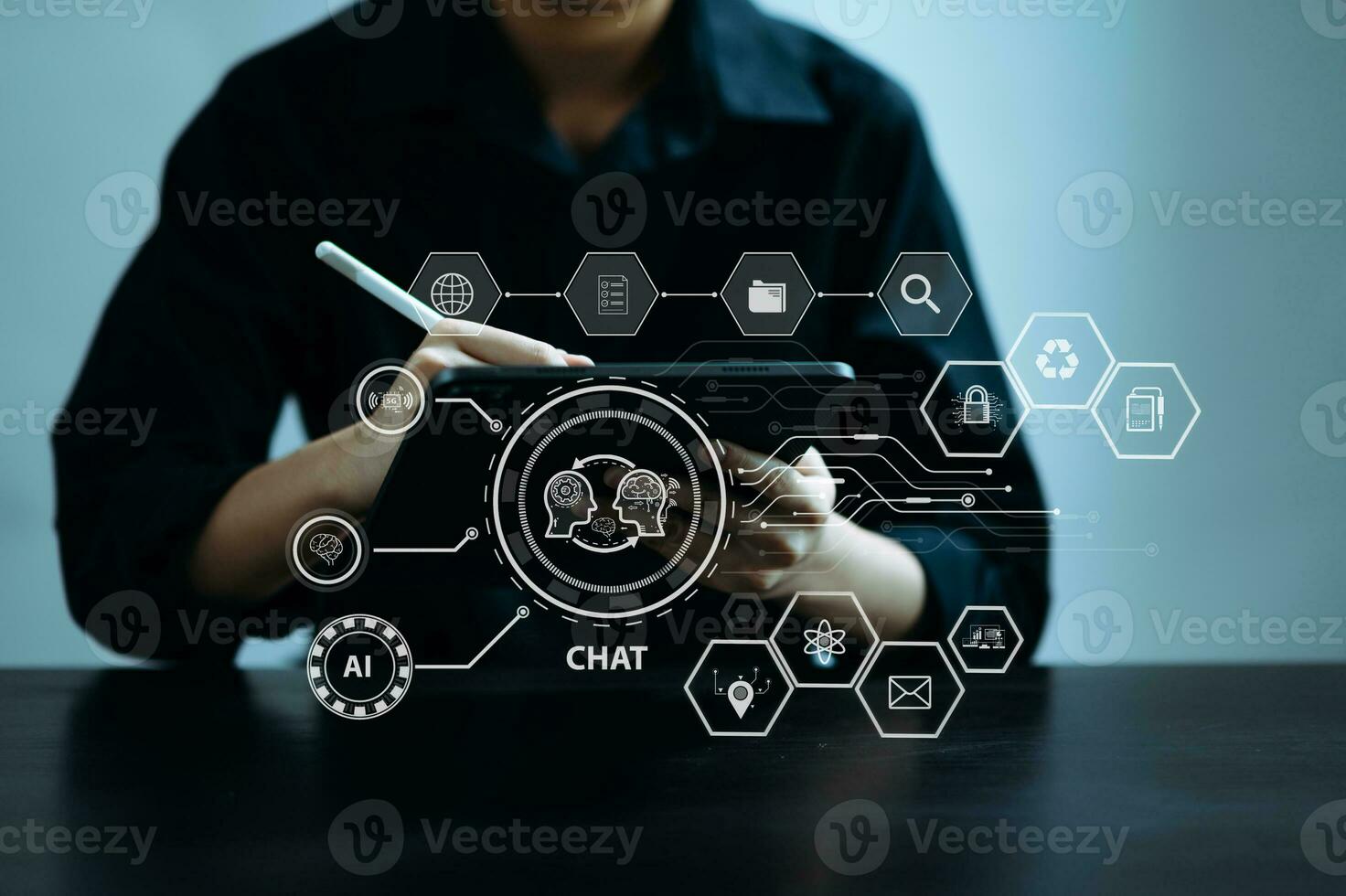 Woman using chat bot in smartphone intelligence Ai. Chat with AI Artificial Intelligence, developed by OpenAI generate. robot in online system. in modern office photo