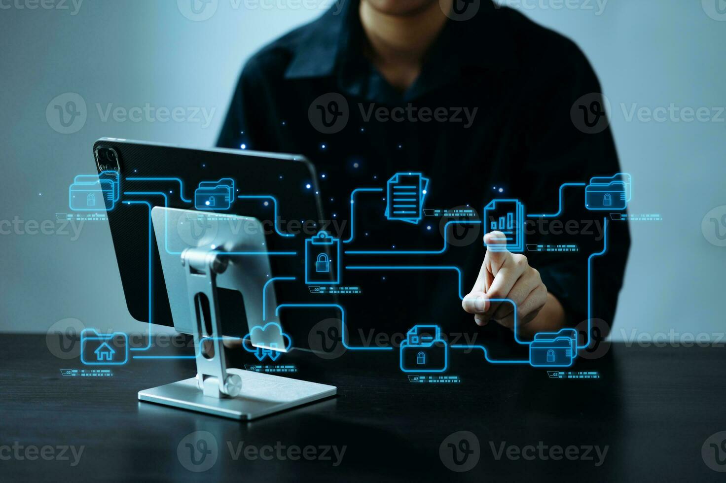 Blockchain financial technology to secure cryptocurrencies for online payment and digital transaction. Fintech concept. Man working on laptop computer, smartphone and tablet. with virtual icon photo