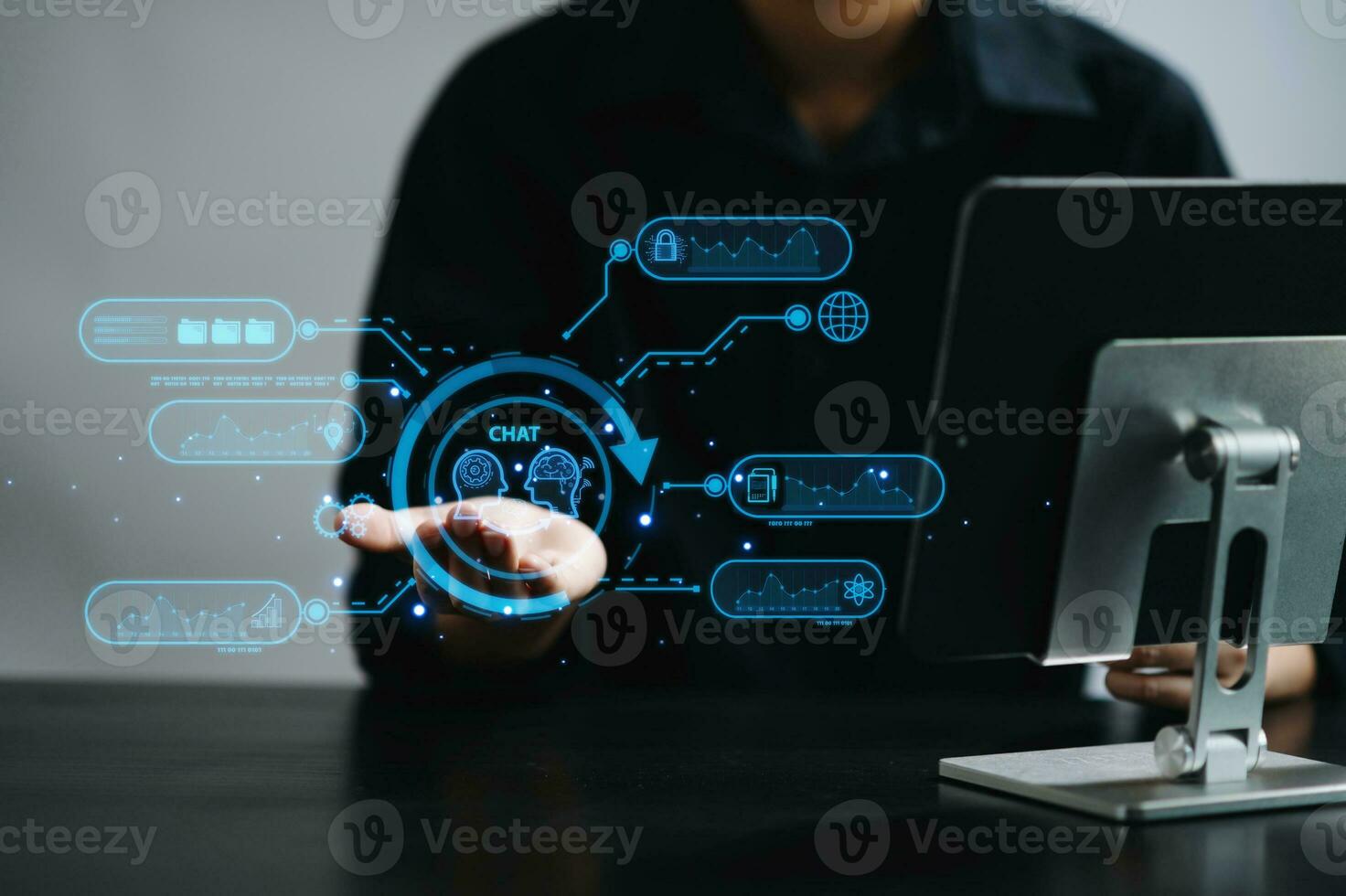 Woman using chat bot in smartphone intelligence Ai. Chat with AI Artificial Intelligence, developed by OpenAI generate. robot in online system. in modern office photo