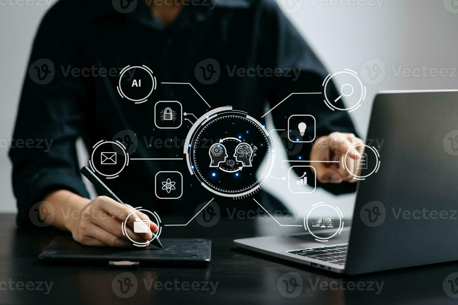 Woman using chat bot in smartphone intelligence Ai. Chat with AI Artificial Intelligence, developed by OpenAI generate. robot in online system. in modern office photo
