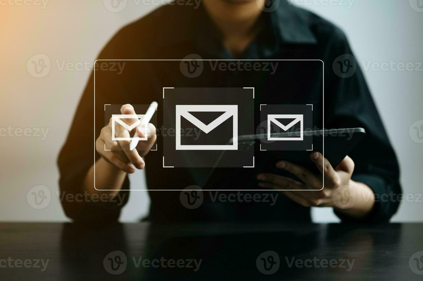Woman hands using Laptop, tablet typing on keyboard and surfing the internet with email icon, email marketing concept, send e-mail or newsletter, online working internet network technology. photo