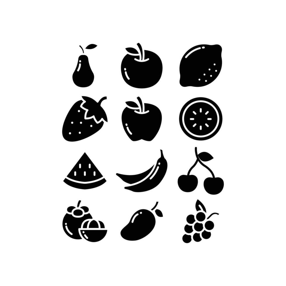 frutas alimento, tropical orgánico fruta, jugoso, Fresco orgánico en línea silueta incluir banana, uva, mangostán, etc, sabroso íconos colocar, sólido estilo vector ilustración. diseño en blanco antecedentes eps10