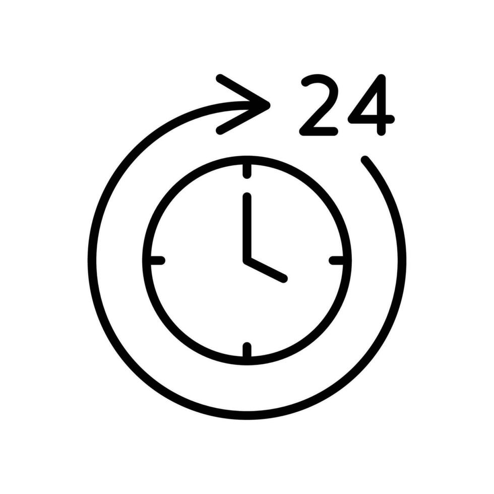 Time 24 hours icon. Twenty hour full open service operation. Free dial all day. online support. clock, Deadline symbol. Passage of time. Line Vector illustration. Design on white background. EPS10