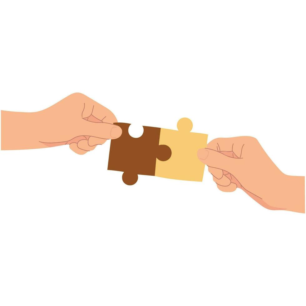 Puzzle and hand for illustration of sharing idea or brainstorming in colaboration project team. Symbol of teamwork, cooperation flat design icon. Vector illustration. Design on white background. EPS10