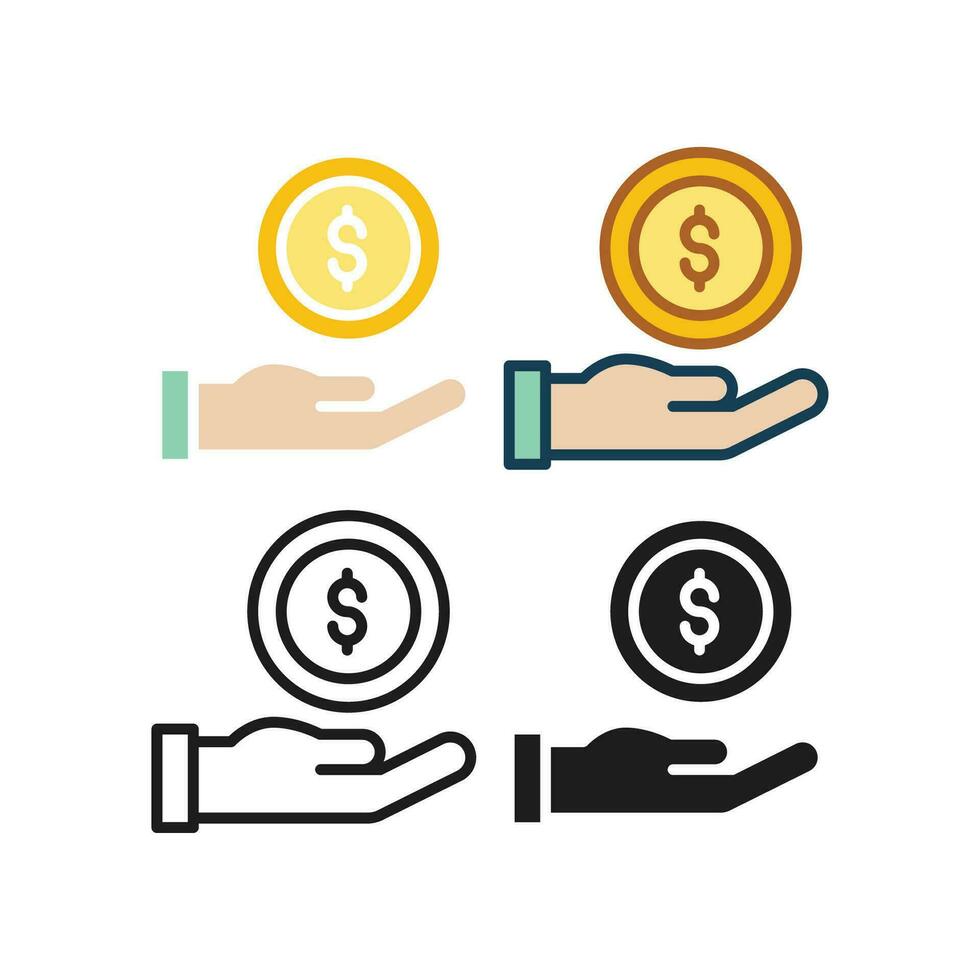 Dollar coin in hand. Hand holding money coin for save dollar or loan payment. Earnings or salary for investment. Finance, loan, money icon. Vector illustration. Design on white background. EPS 10