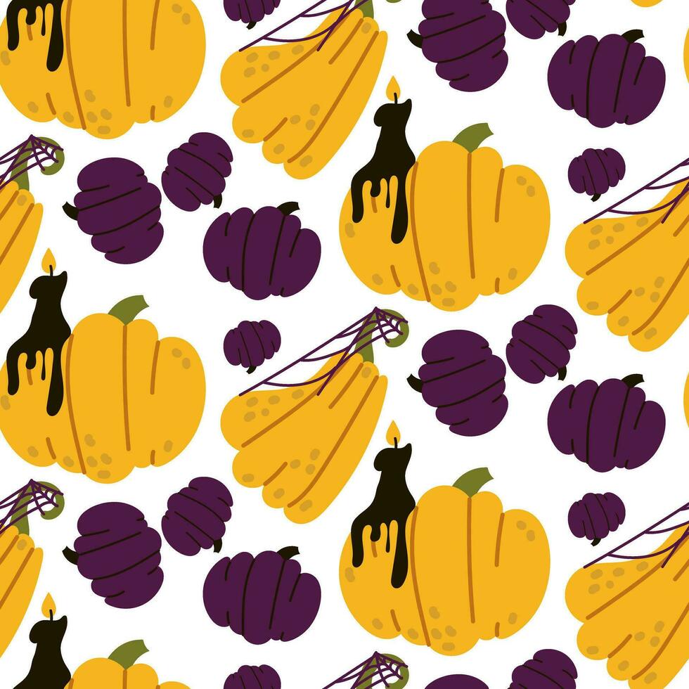 Funny pumpkins with a seamless pattern and a black candle, a spider web. Yellow and purple pumpkins on a white background. Seamless cute texture. Vector illustration in a flat style for Halloween