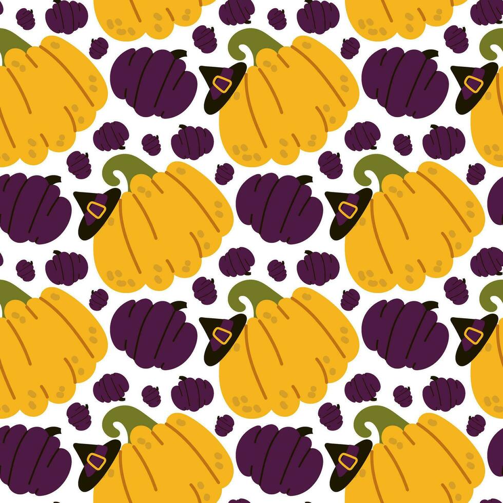 Funny pumpkins in a seamless pattern with a witch hat. Yellow and purple pumpkins on a white background. Seamless cute texture. Witch. Vector illustration in a flat style for Halloween.