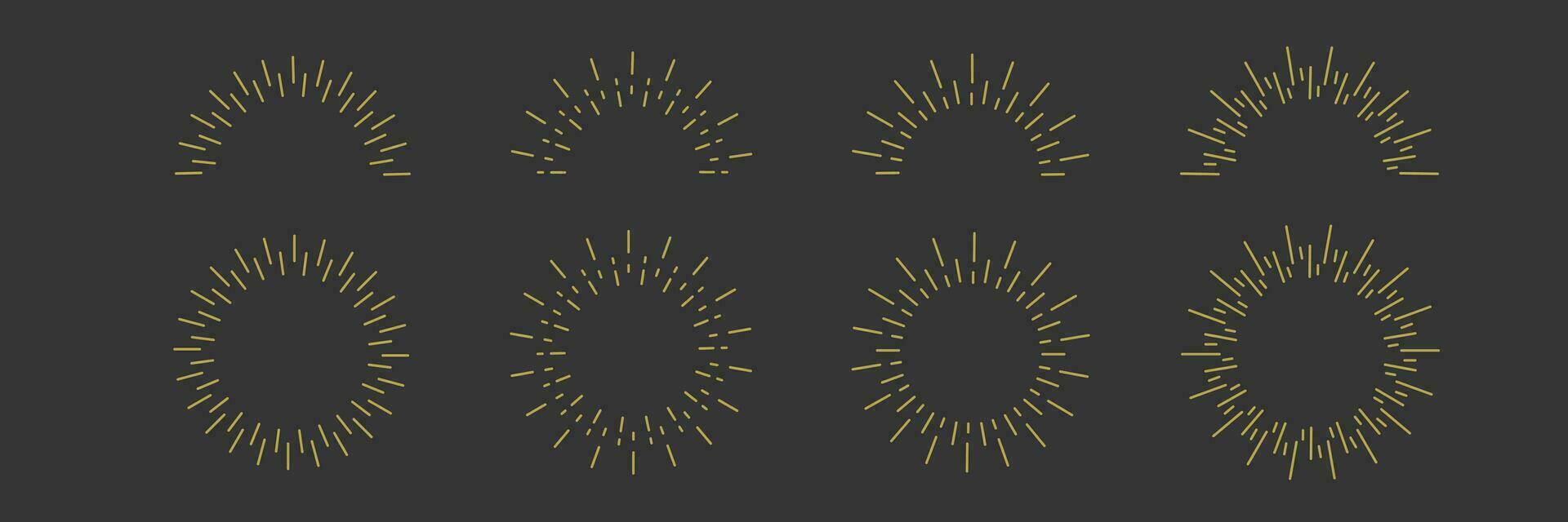 Vintage Sunburst emblem. Golden bursting rays line icon set. Sunrise and sunset concept. Boho style. Vector illustration on black background