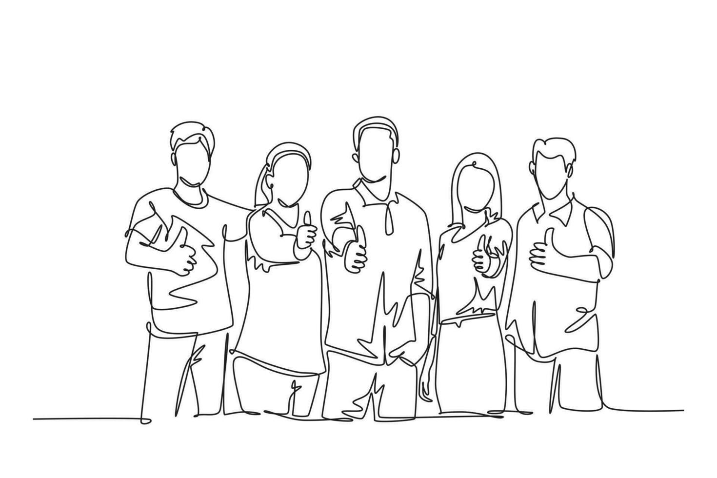 Continuous one line drawing of young happy businessmen and businesswoman stand up and giving thumbs up gesture together. Business teamwork building. Single line draw design vector graphic illustration