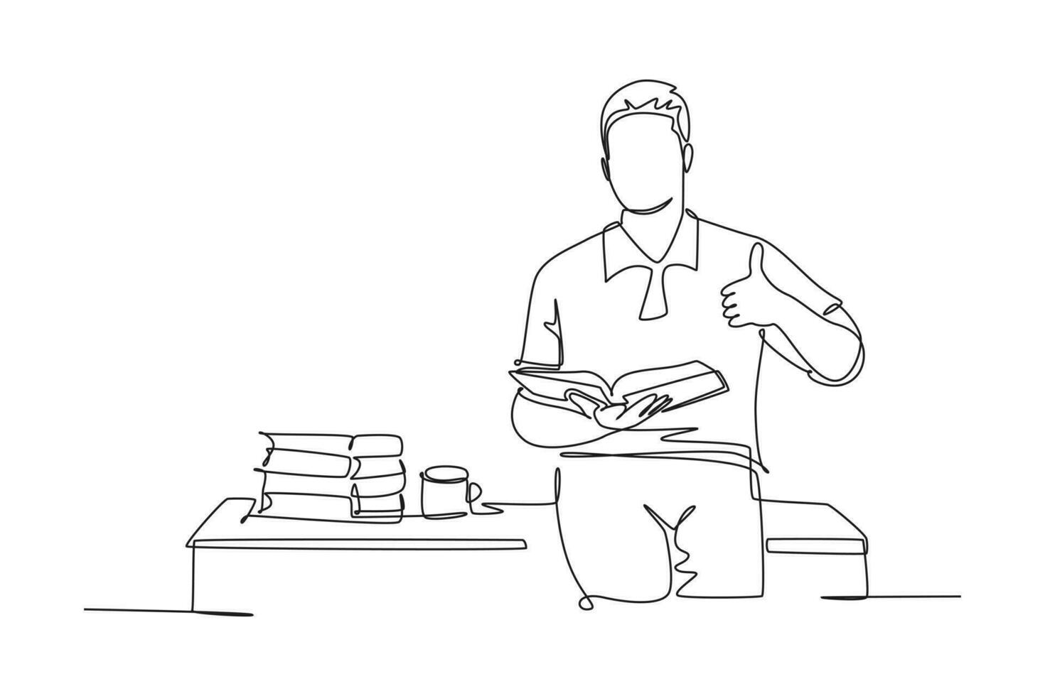 Single continuous line drawing young happy male college student sitting on the desk beside stack of books on library university. Education concept. Dynamic one line graphic design vector illustration