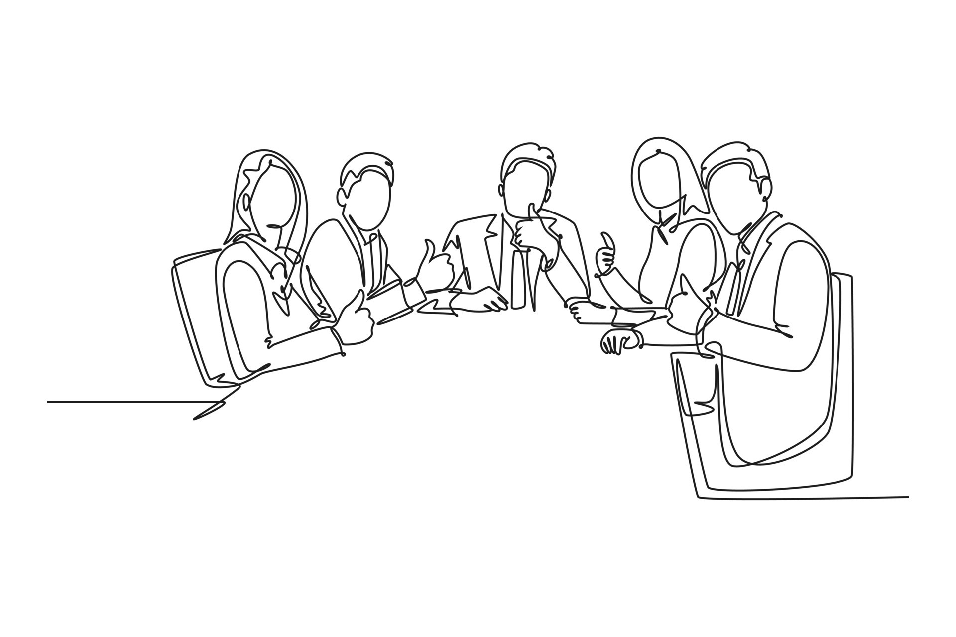 Continuous one line drawing group of young happy businessmen and businesswomen siting on same
