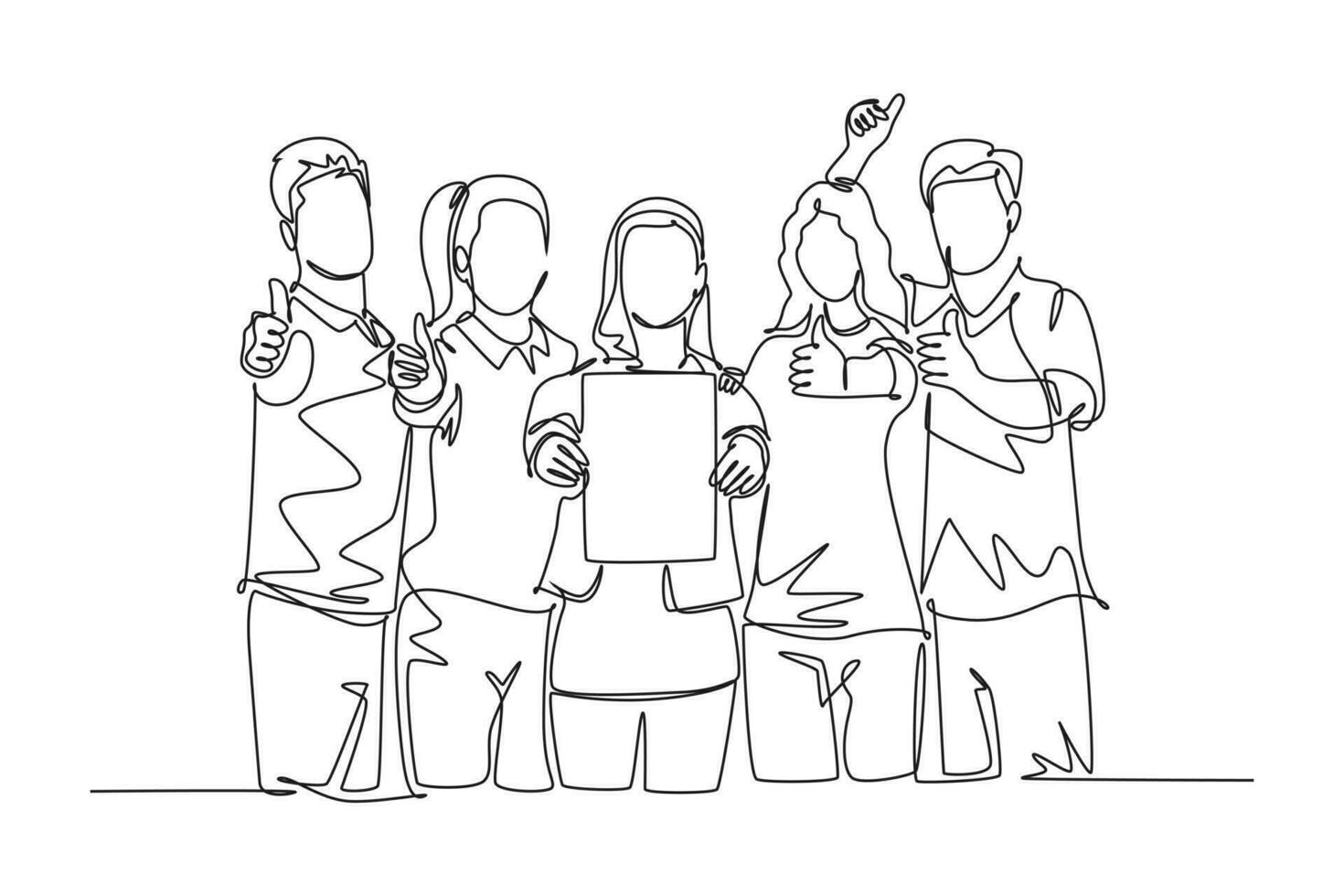 Continuous one line drawing group of young happy entrepreneur shows award certificate and giving thumbs up gesture together. Business achievement. Single line draw design vector graphic illustration