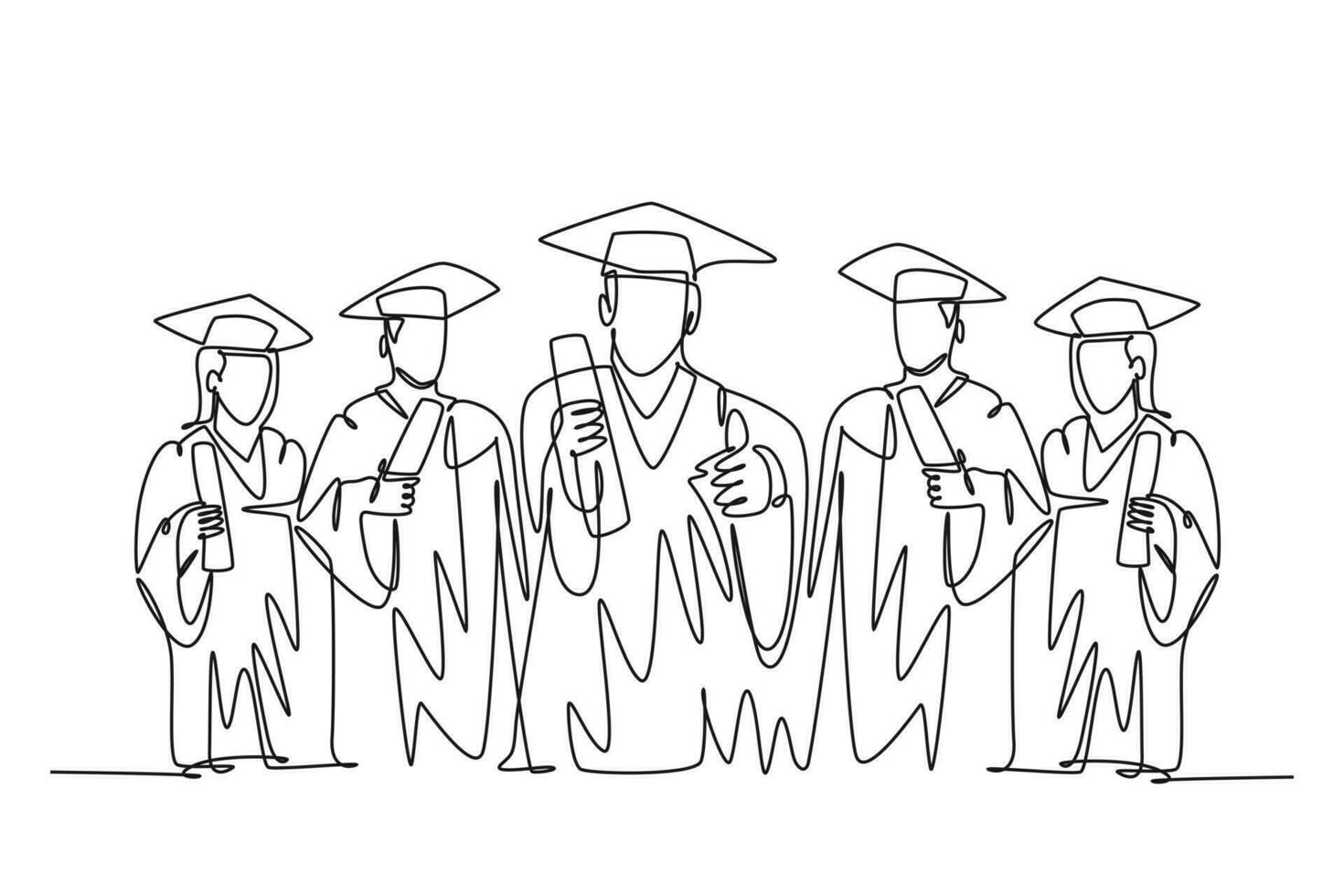 Continuous one line drawing group of happy graduate male and female college student wearing gown and holding diploma certificate paper. Education. Single line draw design vector graphic illustration