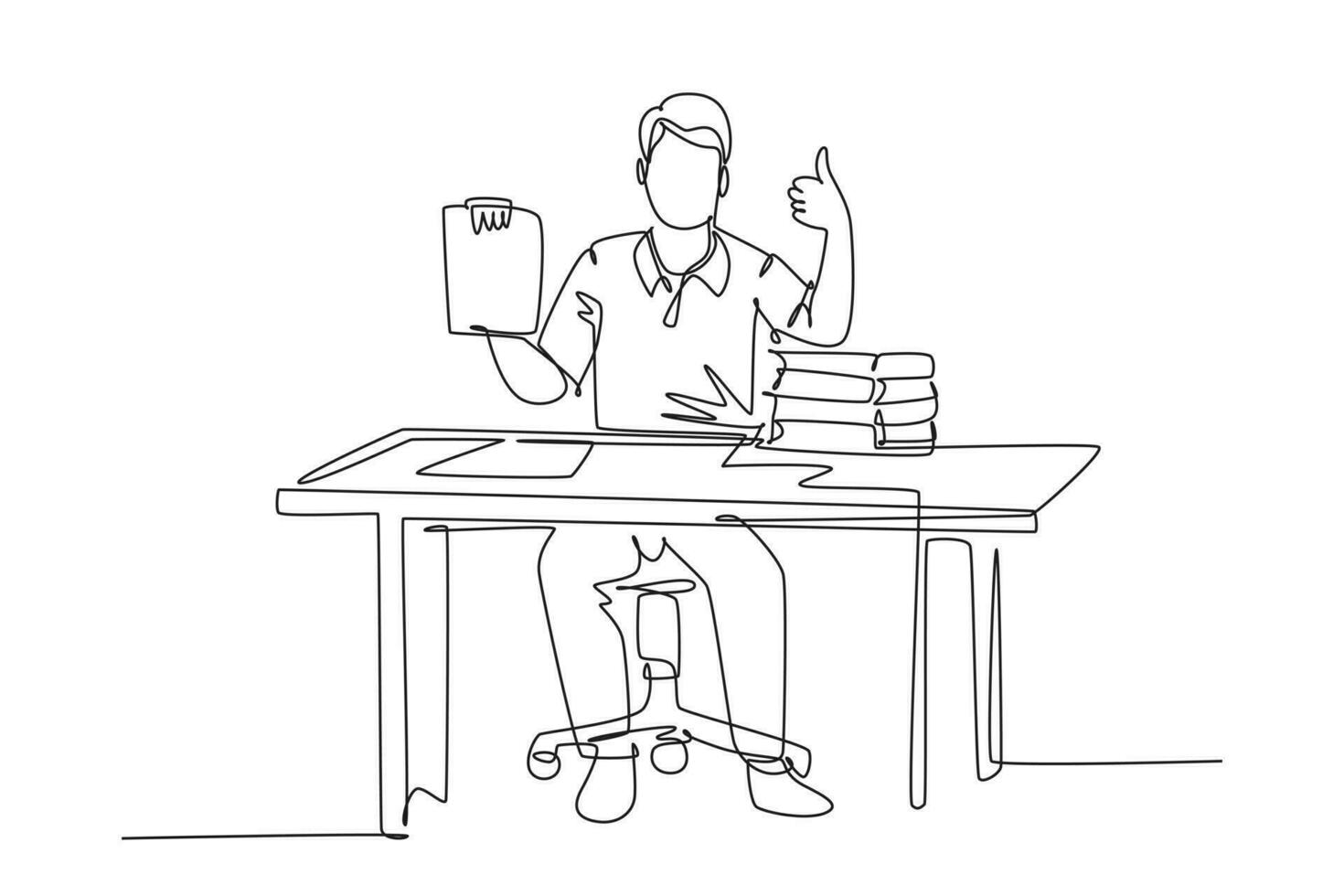 Single continuous line drawing young happy businessman show clipboard containing business contract and giving thumbs up gesture. Business deal concept. One line draw graphic design vector illustration