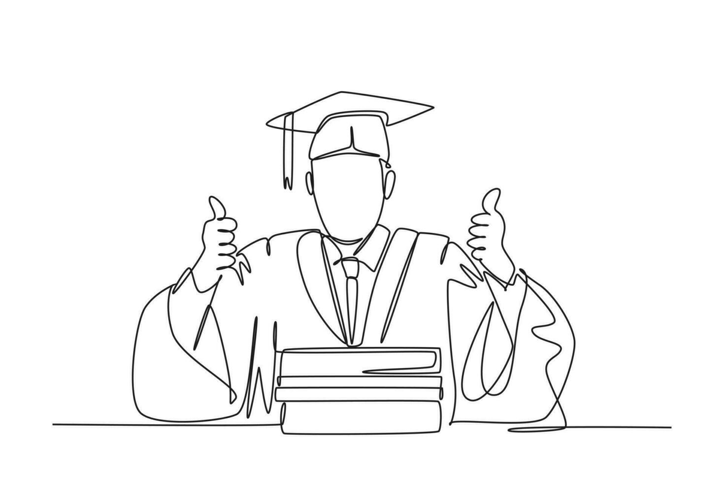 Single continuous line drawing young happy graduate male college student wearing graduation uniform, giving thumbs up gesture in front of books stack. One line draw graphic design vector illustration