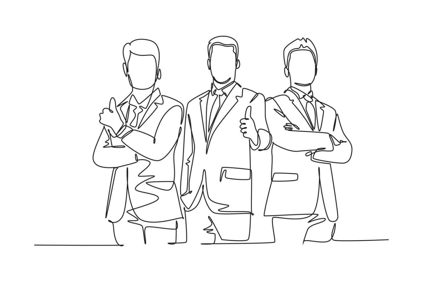 Single one line drawing of young happy businessmen wearing suit giving thumbs up gesture. Business owner dealing with a teamwork concept. Modern continuous line draw design graphic vector illustration