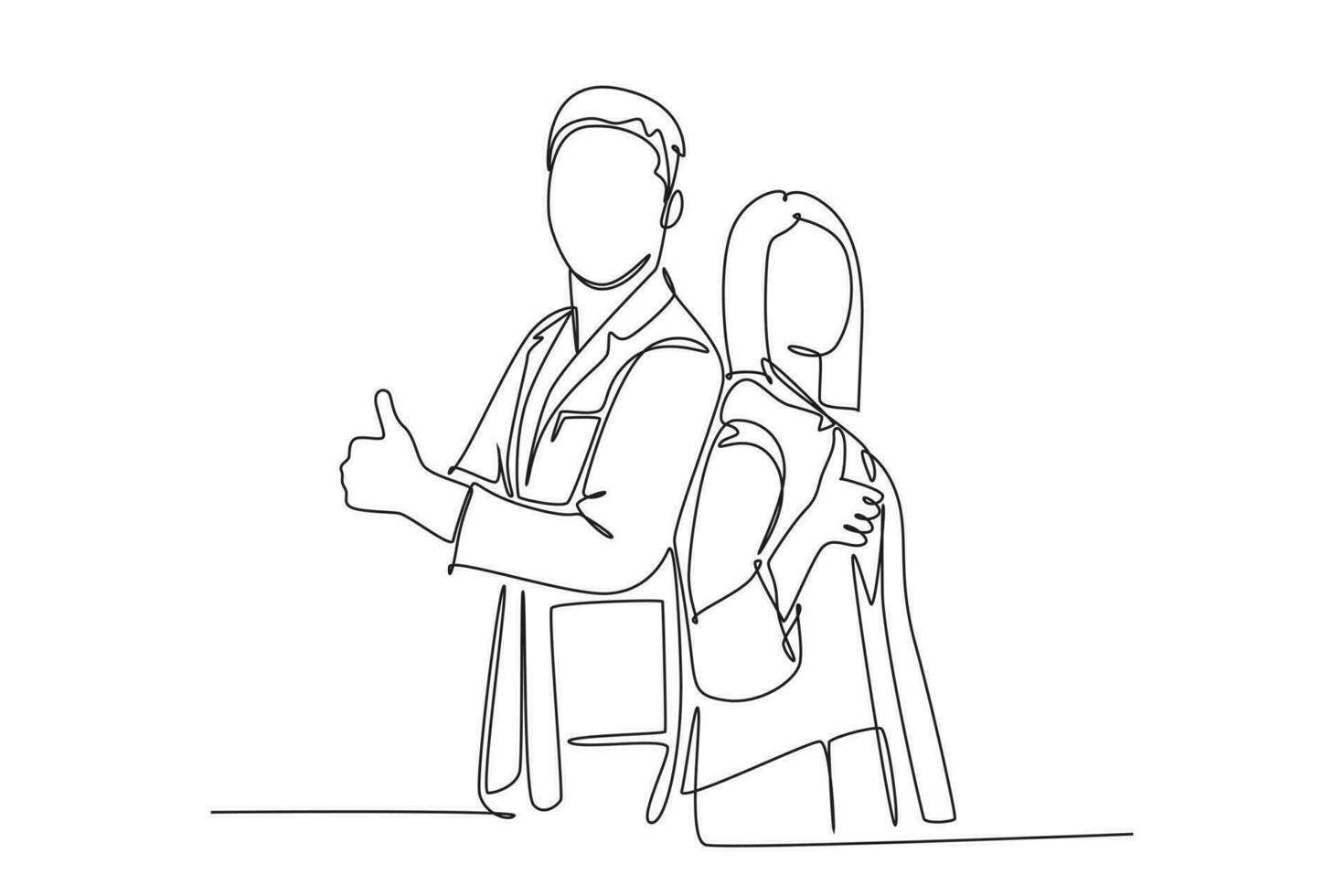 Single continuous line drawing young happy couple male and female doctor standing together and giving thumbs up gesture. Medical healthcare teamwork. One line draw graphic design vector illustration