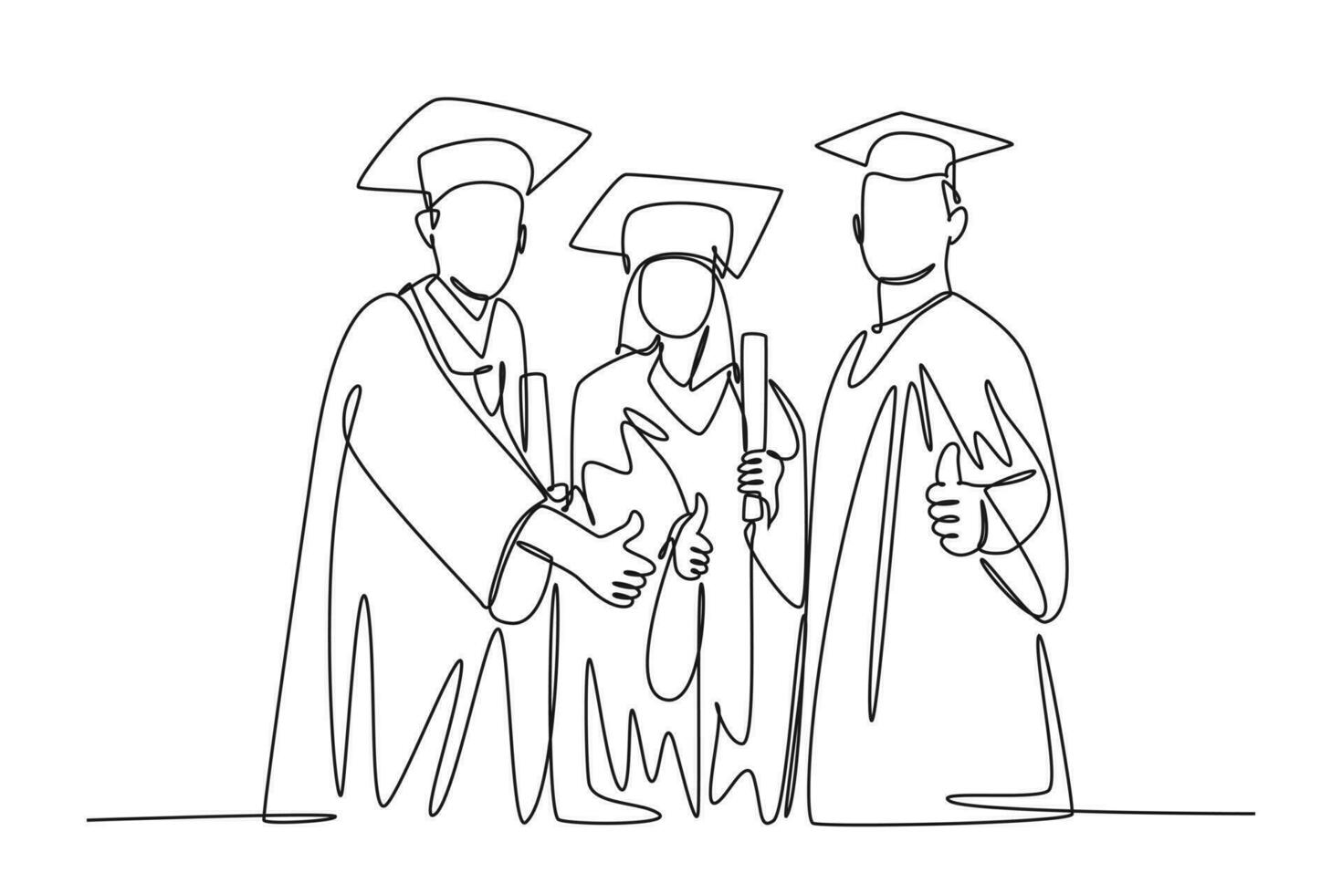 Continuous one line drawing group of young happy graduate male and female college student wearing gown, giving thumbs up gesture. Education concept. Single line draw design vector graphic illustration