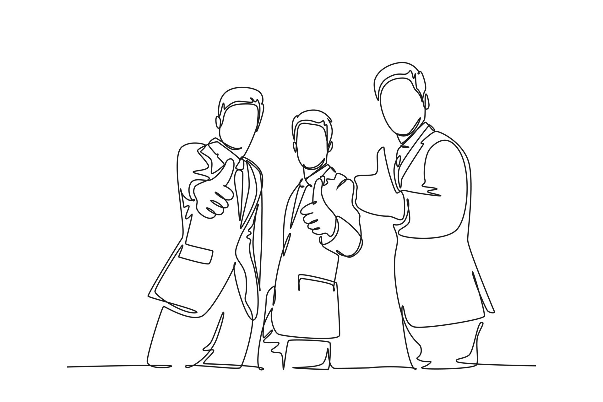 Single one line drawing group of young happy businessmen standing