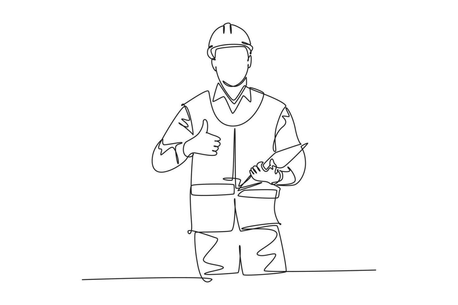 Continuous one line drawing young foreman handyman wearing helmet and carrying clipboard giving thumbs up gesture. Home maintenance service concept. Single line draw design vector graphic illustration
