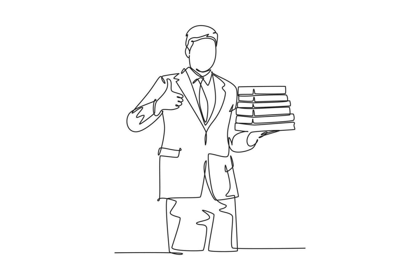 Single one line drawing young business man carrying stack of books on his hand and giving thumbs up gesture. Business education concept. Modern continuous line draw design graphic vector illustration