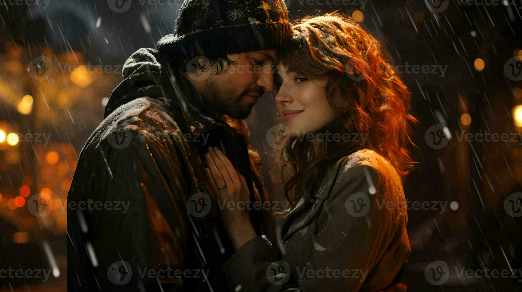 Two lovers beautiful couple man and woman hugging and kissing on a romantic evening in the rain photo