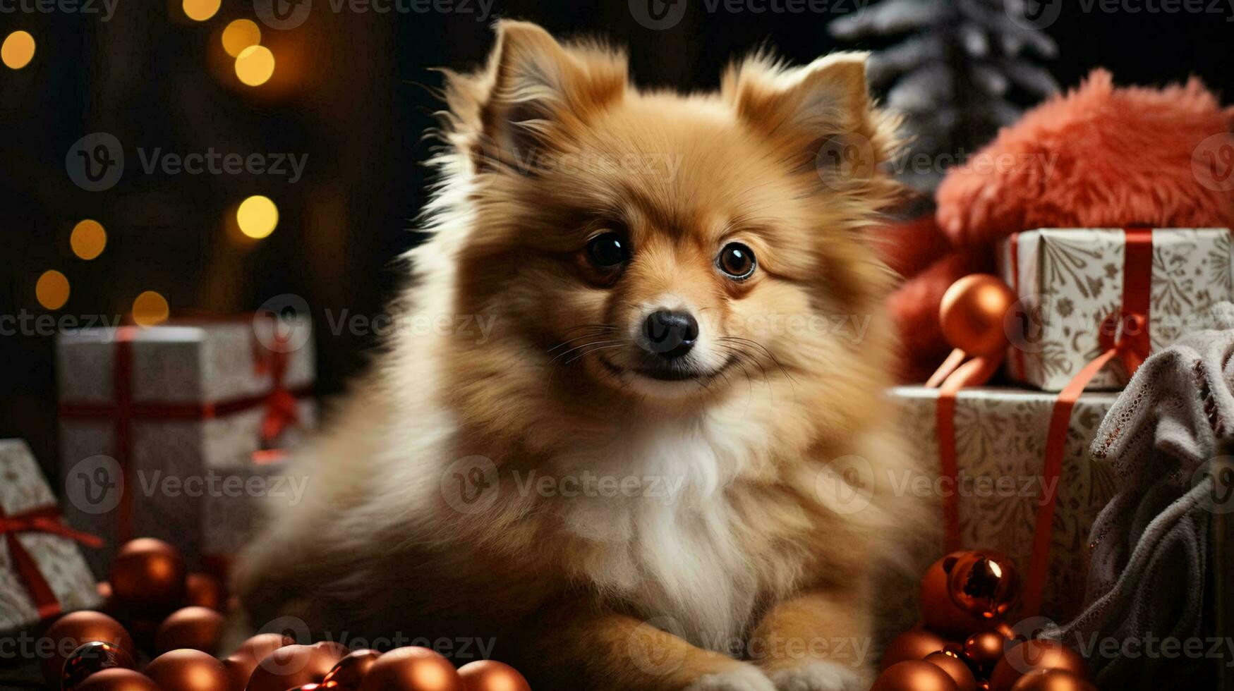 A small dog in winter under the snow with a blurred background for the New Year and Christmas holiday photo