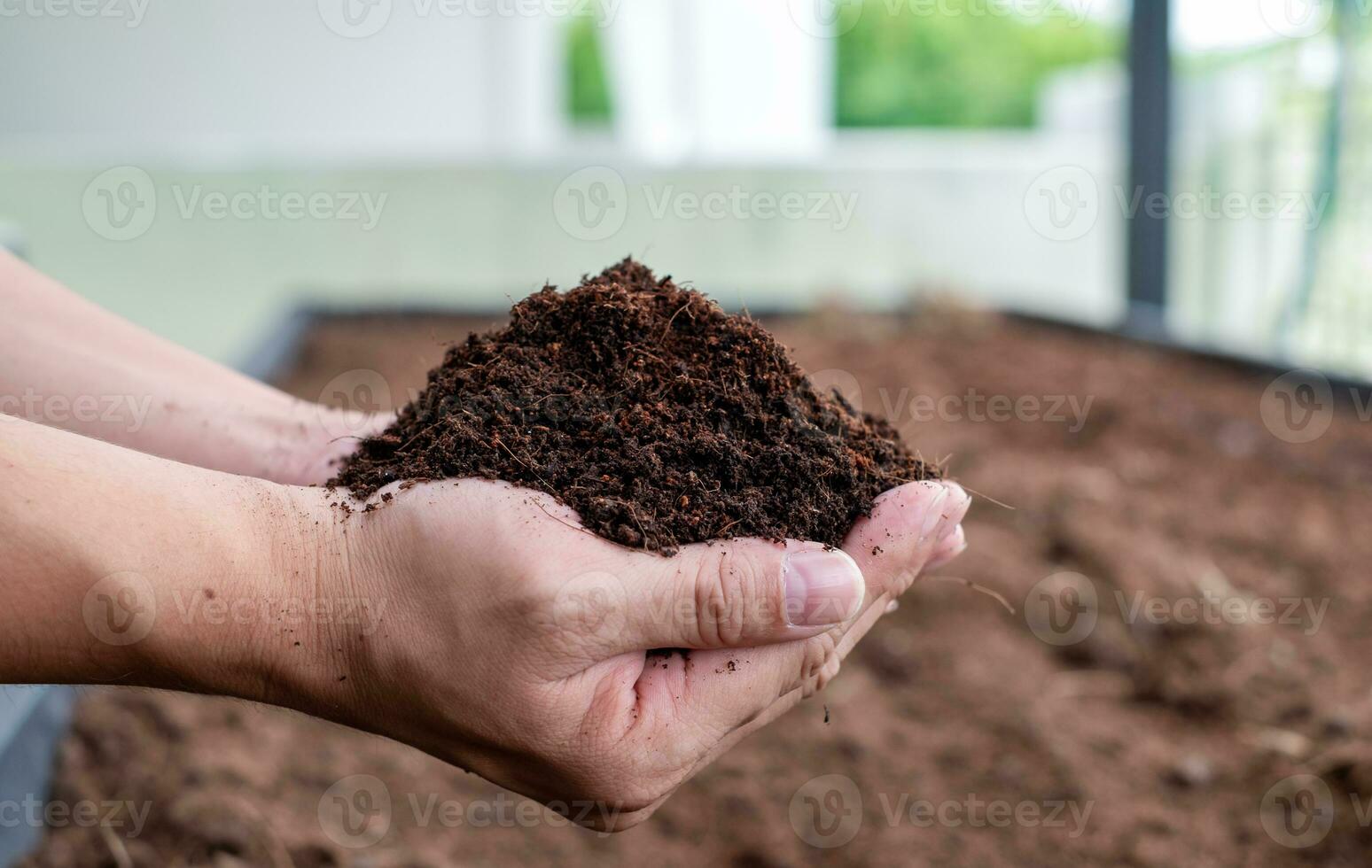 Hand holding fertile black soil. Agriculture, organic gardening, planting or ecology concept. Environmental, earth day. Banner. Top view. Copy space. Farmer checking before sowing photo