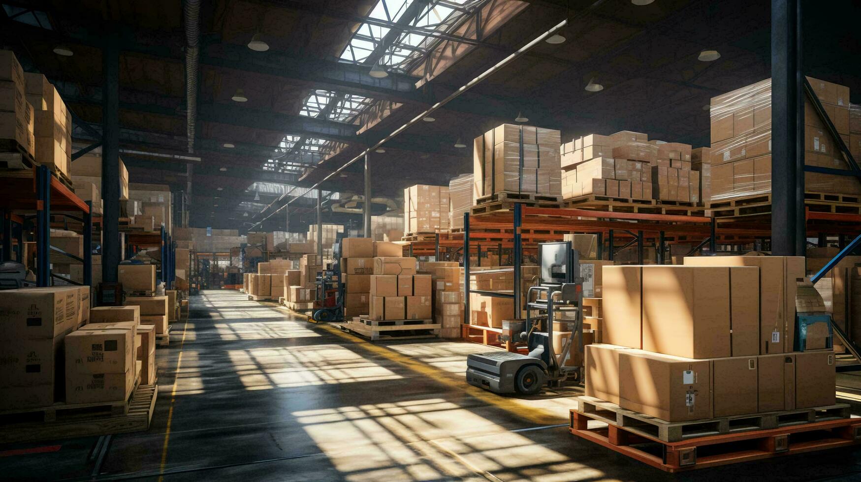 Large spacious warehouse with goods in cardboard boxes. The concept of logistics for storing and delivering goods around the world photo