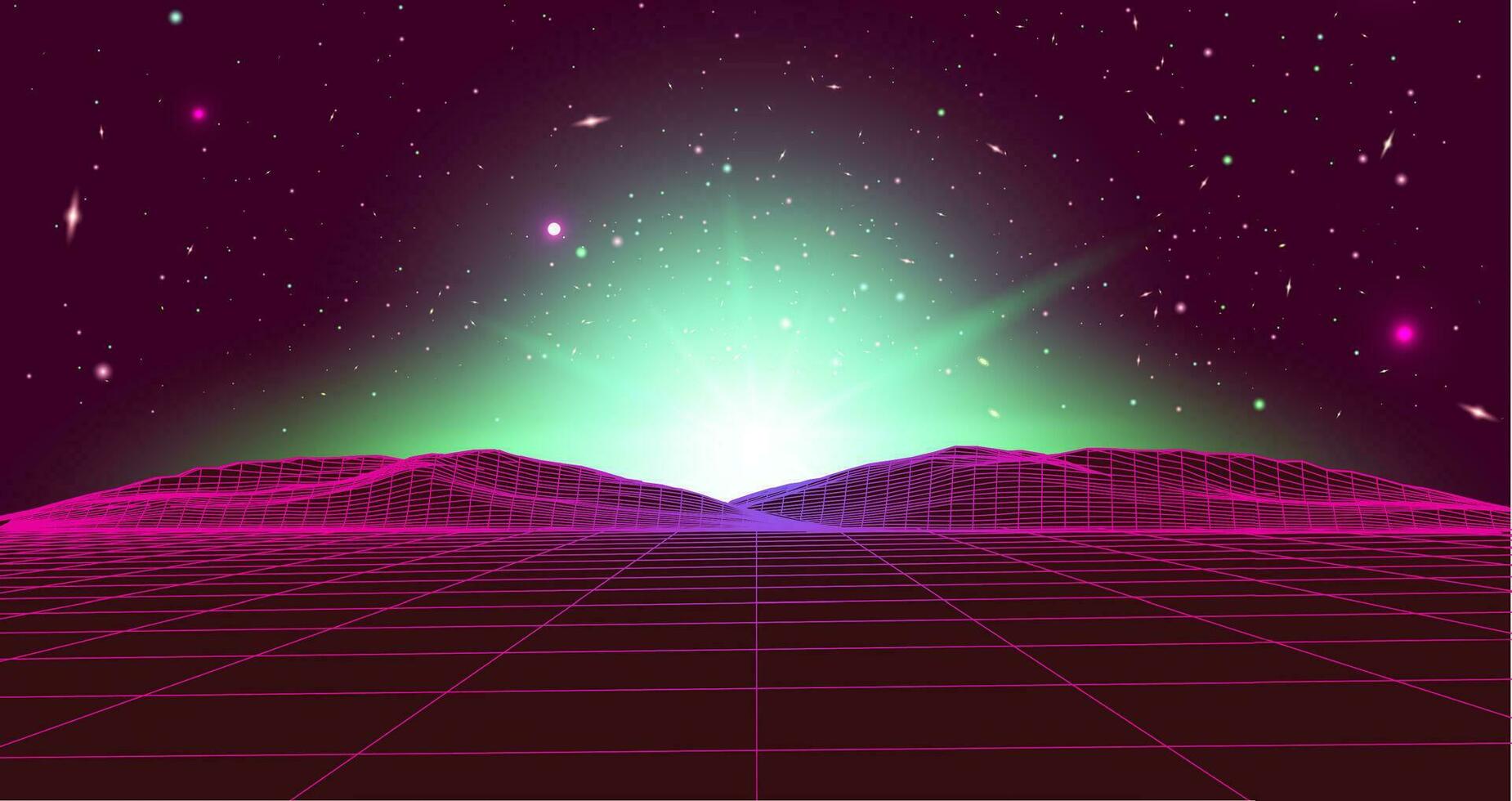 vector retro futurismo antiguo vhs estilo paisaje 1980 estilo. digital retro paisaje planeta ciber superficie. retro futurista juego de azar o música álbum cubrir. Años 80 retro ciencia ficción antecedentes verano