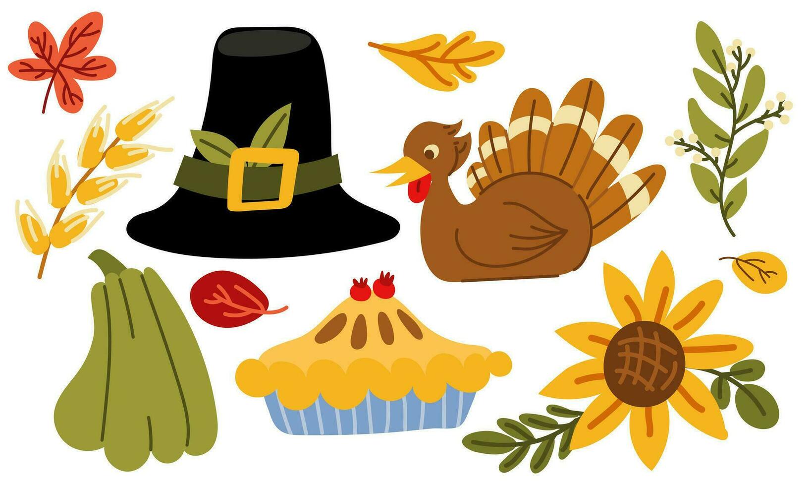 Set of dishes for Thanksgiving with a pilgrim's hat. Vector autumn elements with turkey, flat illustration of pie, pumpkin, sunflower. Happy Thanksgiving. Harvest festival. Design of autumn stickers