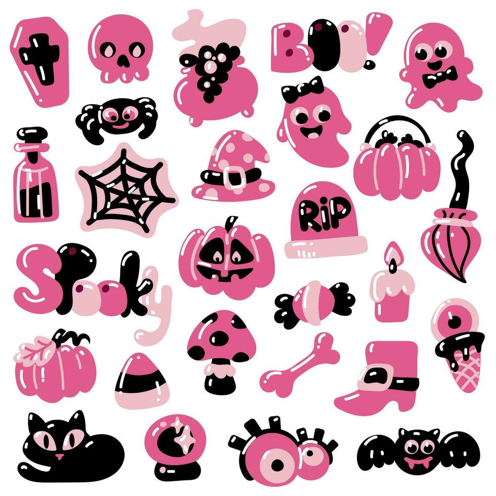 grande rosado y negro conjunto para Víspera de Todos los Santos. linda fantasma objetos, bruja objetos, dulce, calabaza, animales, palabras velas en rosado sombras en un blanco antecedentes. elementos para pegatinas, postales, sublimación vector