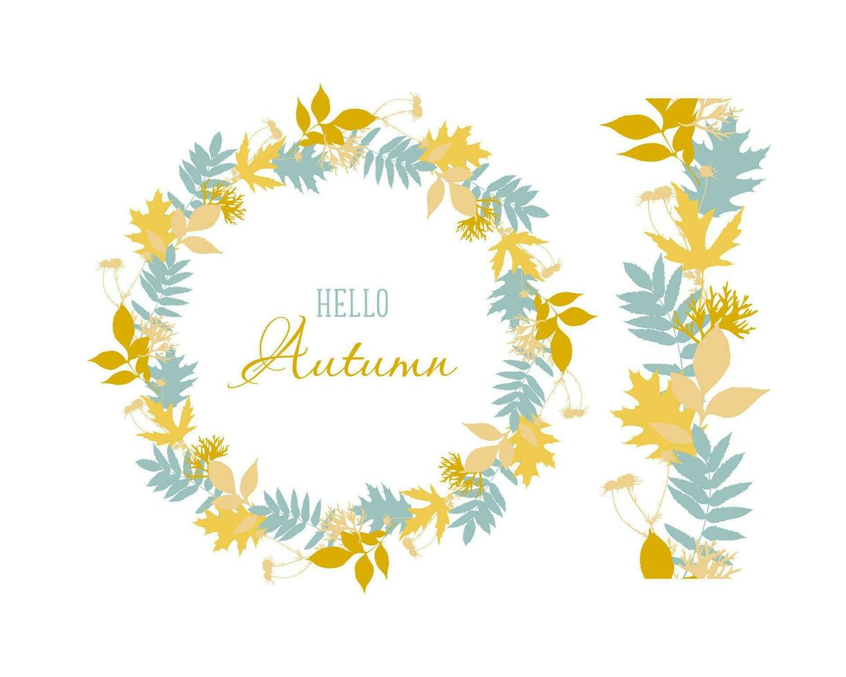 Brush seamless pattern with leaves and wreath of autumn leaves with Hello Autumn, isolated, on white background. vector