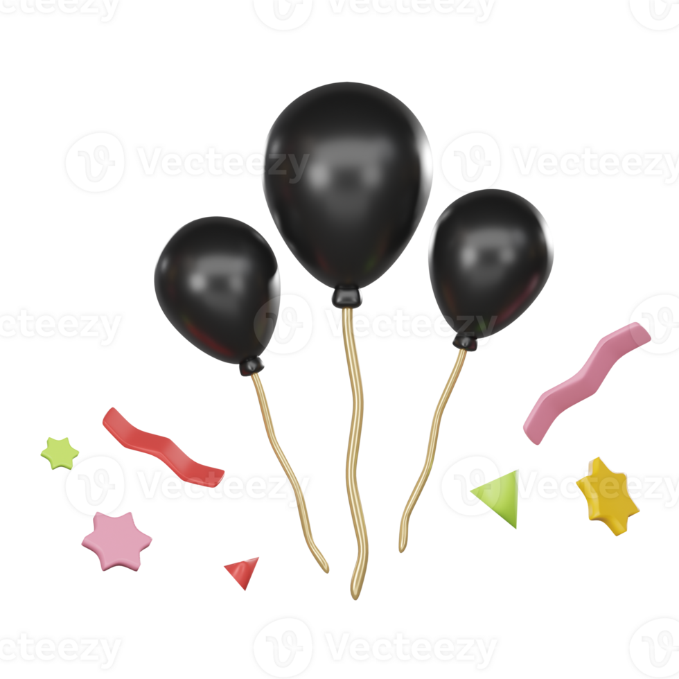 3D Rendering of black Balloons and ribbon png