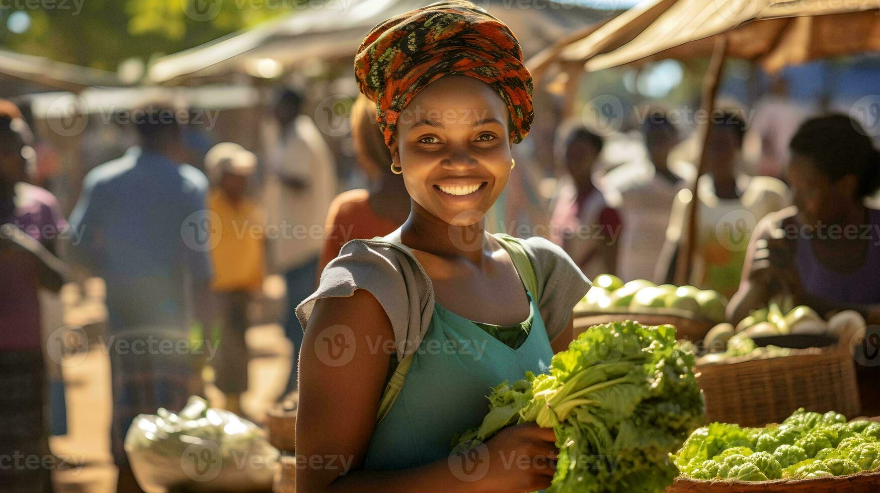 a woman is smiling while holding a basket of vegetables  ai generative photo