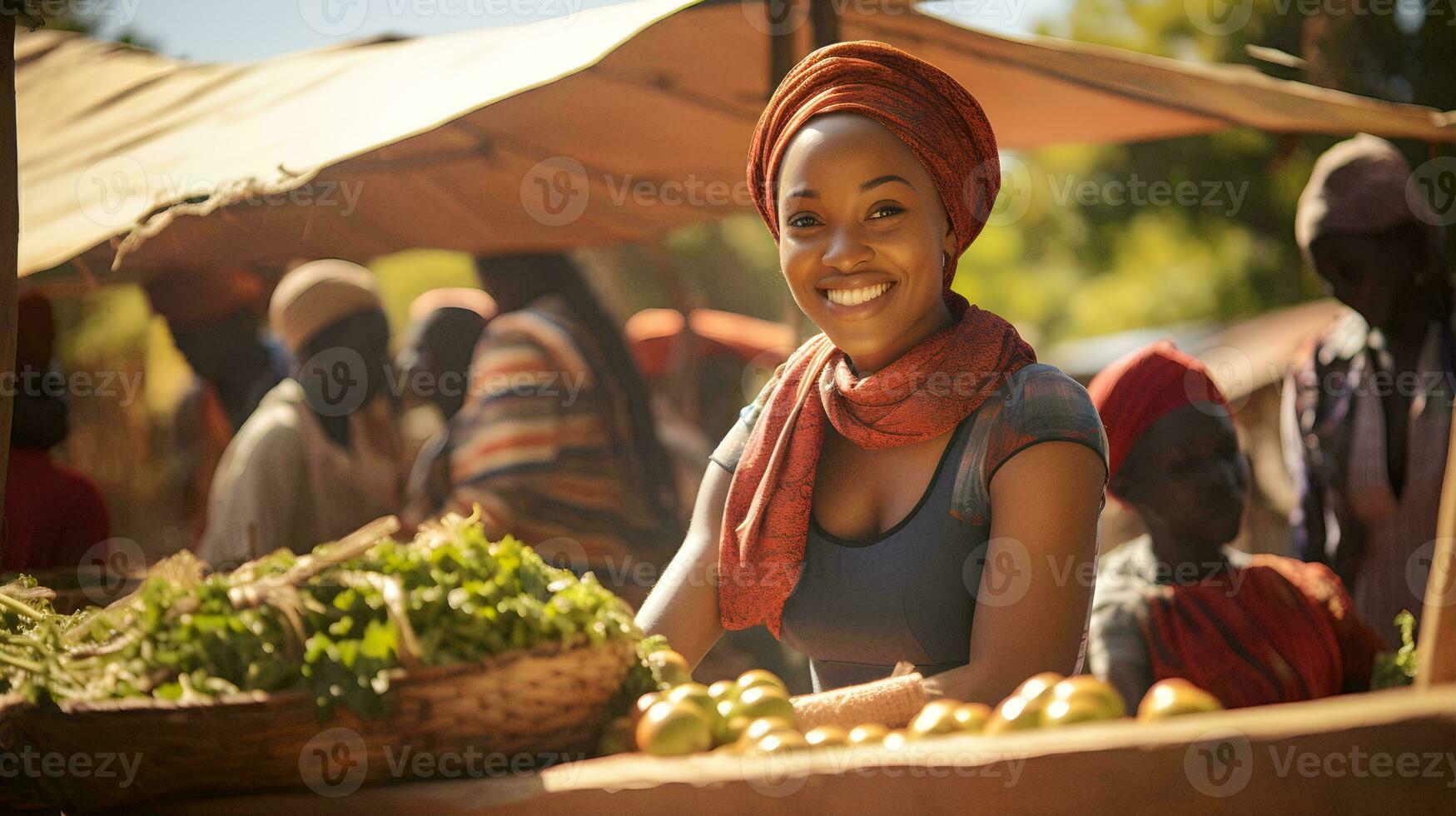 a woman is smiling while holding a basket of vegetables  ai generative photo