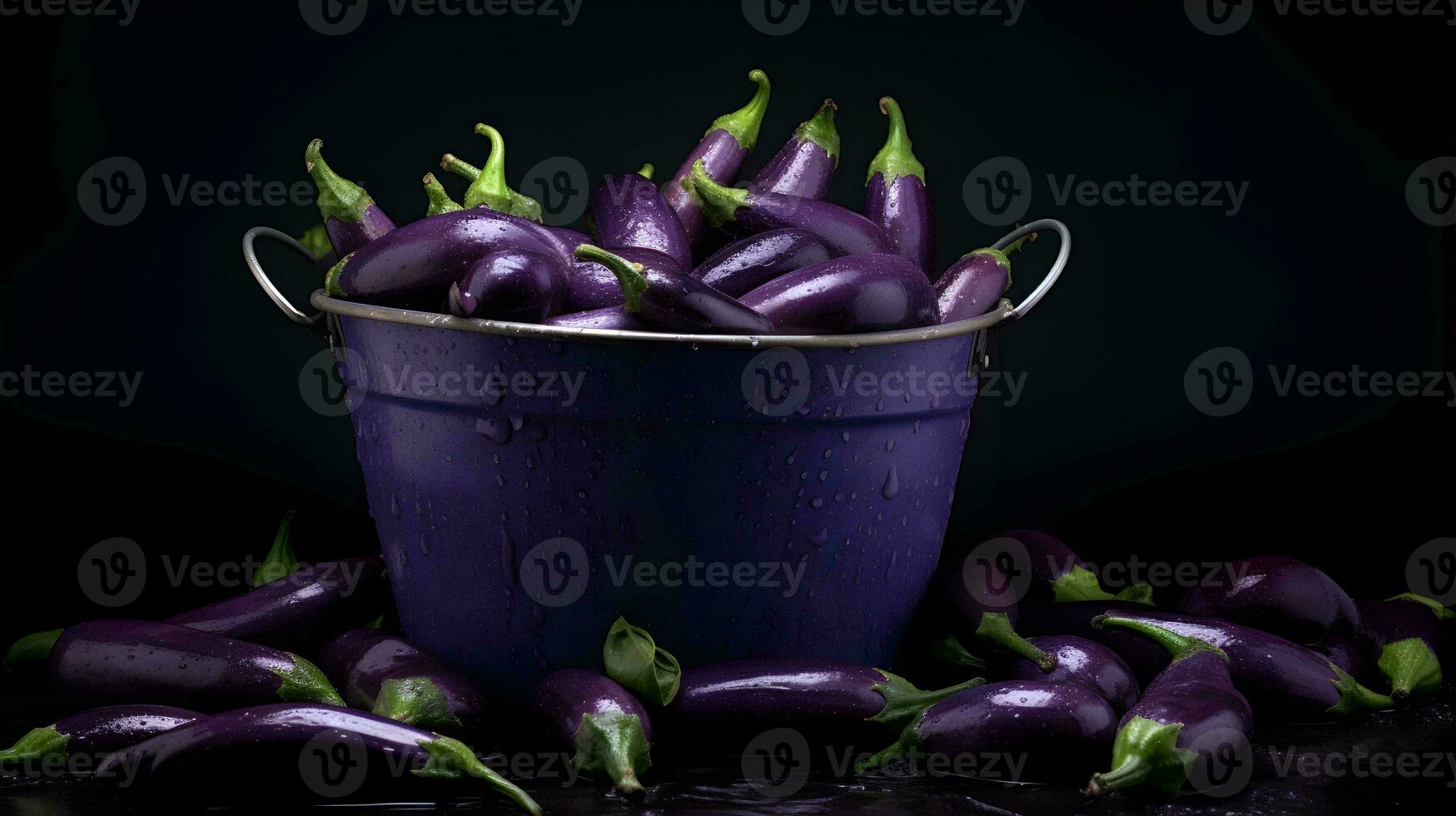 a bucket full of purple eggplants on a black background ai generative photo