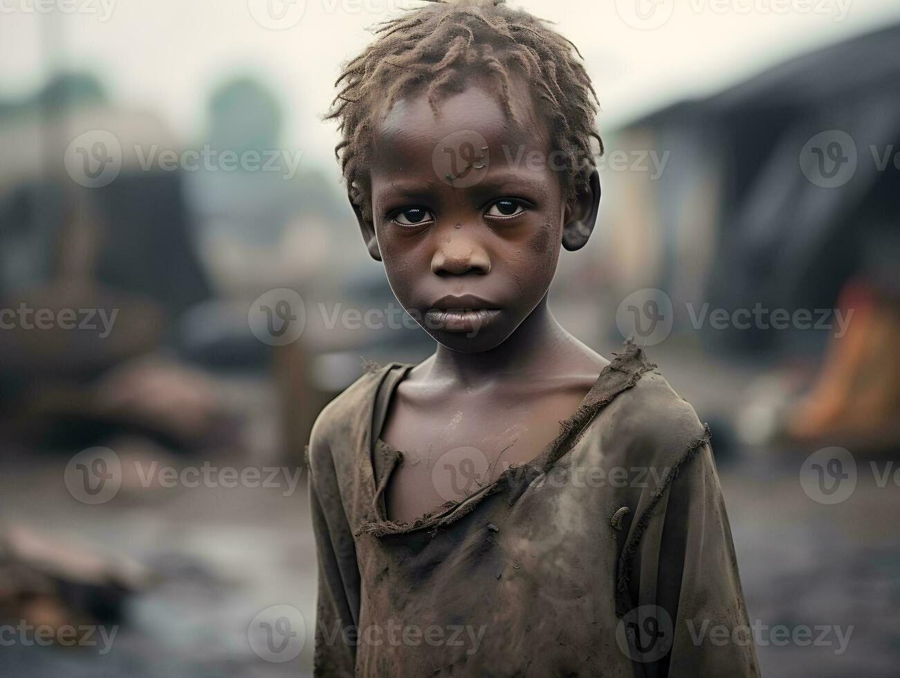 a young boy stands in front of a dirty area  ai generative photo