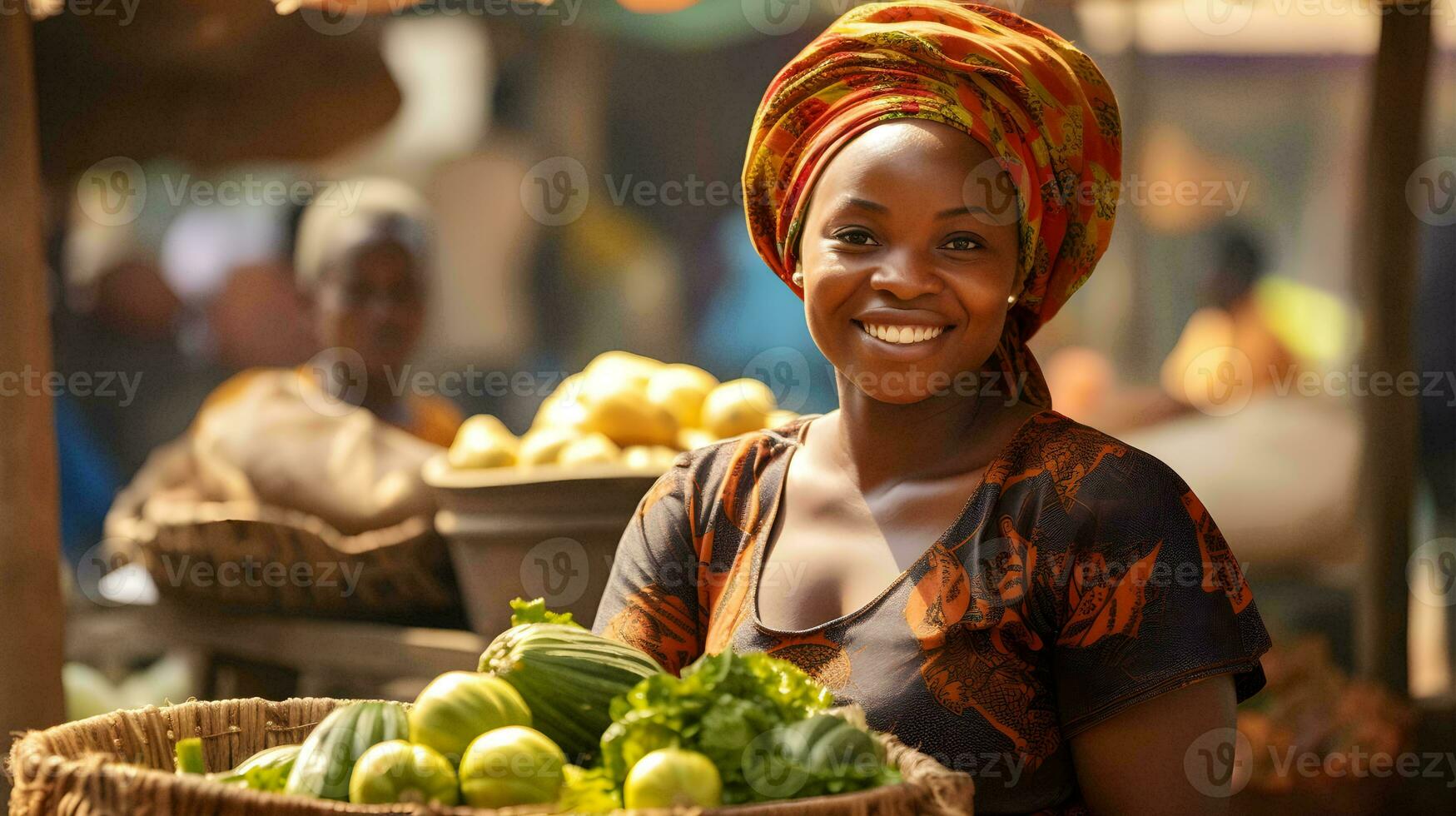 a woman is smiling while holding a basket of vegetables  ai generative photo