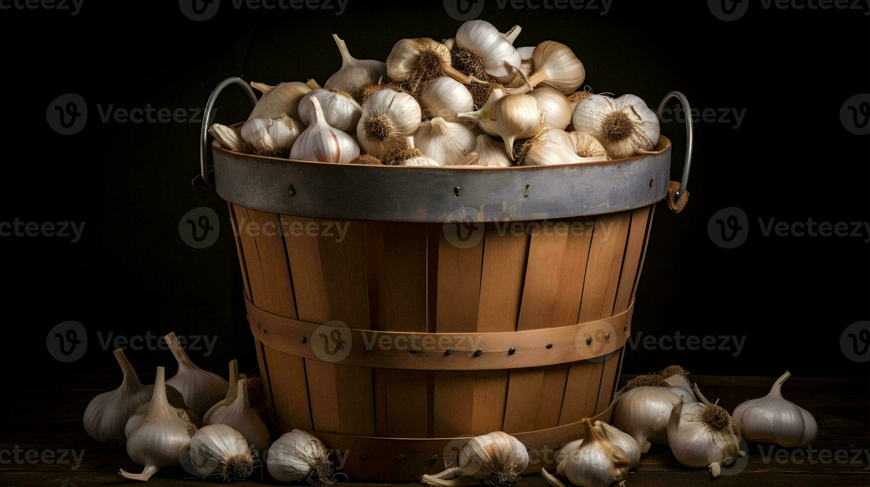 garlic in a wooden bucket on a black background photo