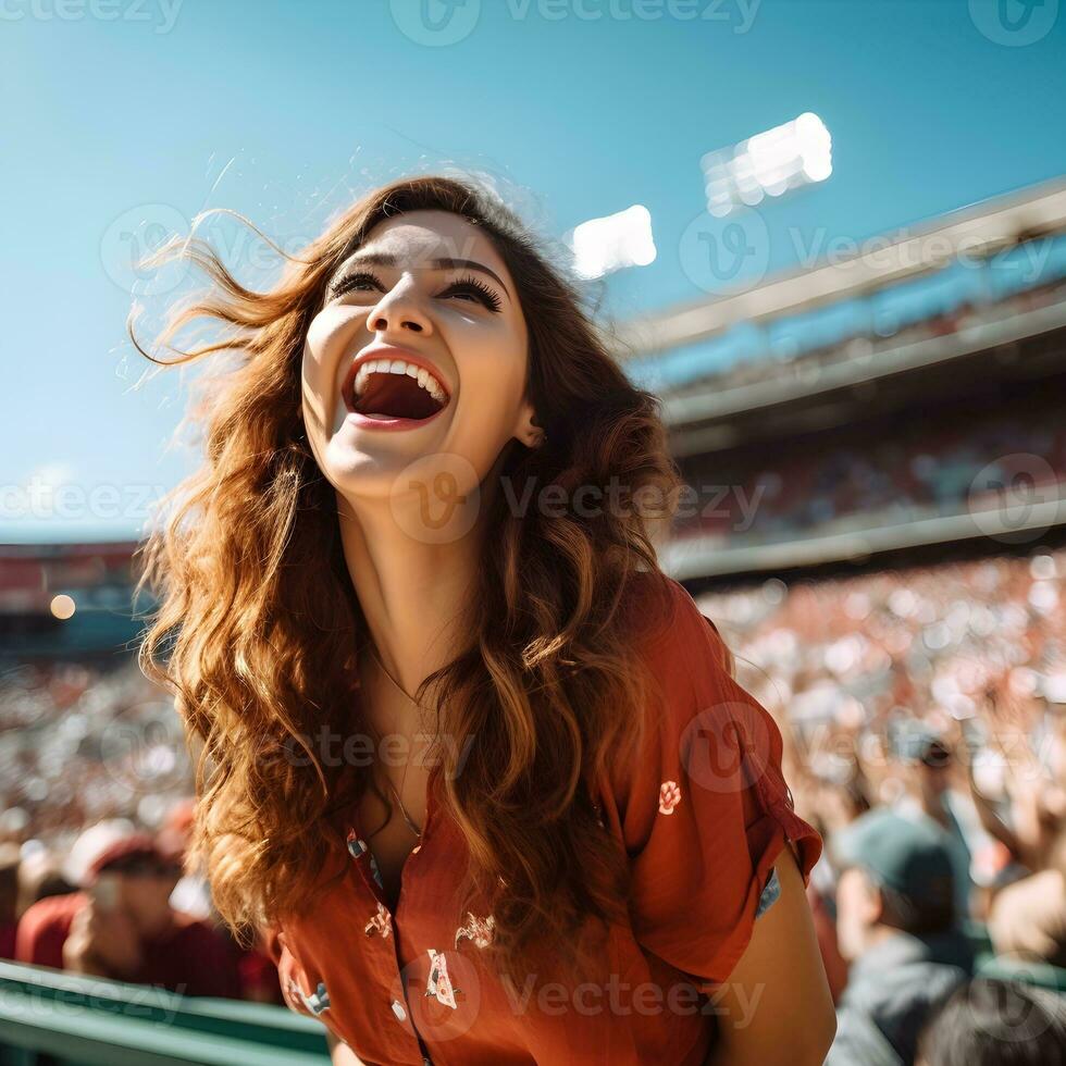 a woman laughing at a baseball game stadium ai generative photo