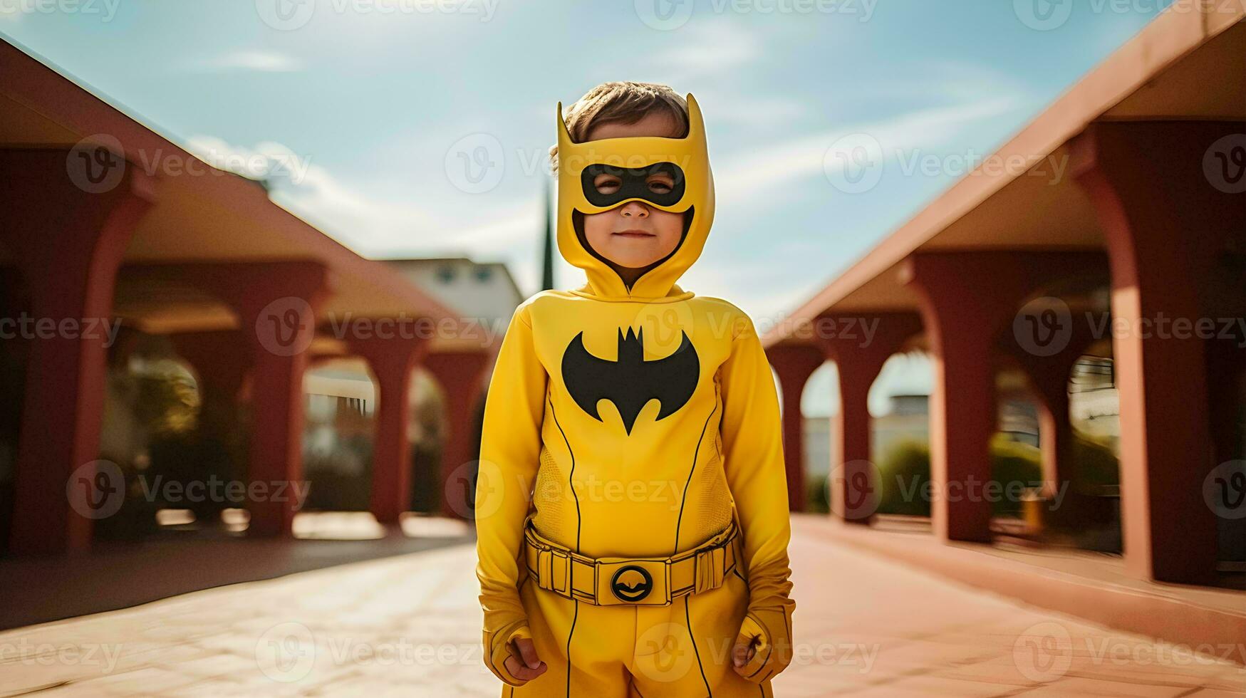 un pequeño chico en un amarillo superhéroe disfraz ai generativo foto