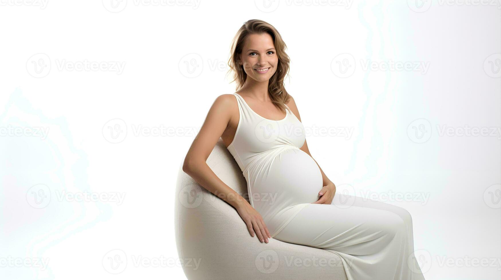a pregnant woman sitting on a white chair  ai generative photo