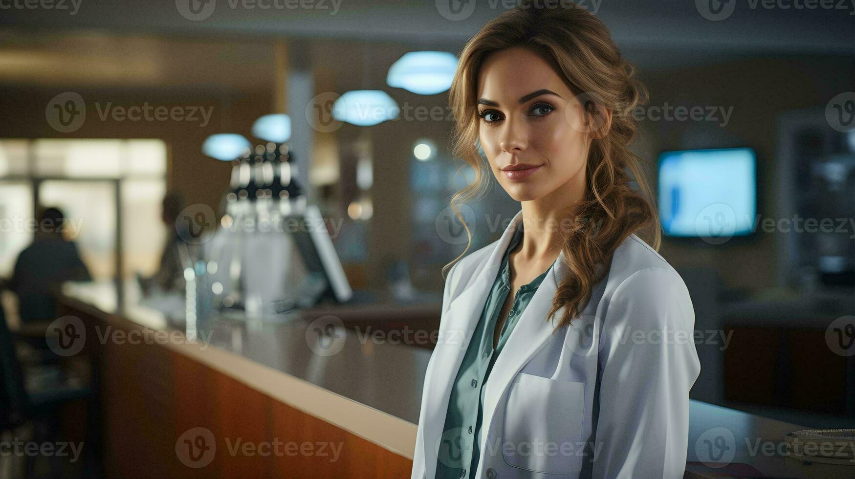 a woman doctor in a lab coat standing in front of a hospital counter  ai generative photo