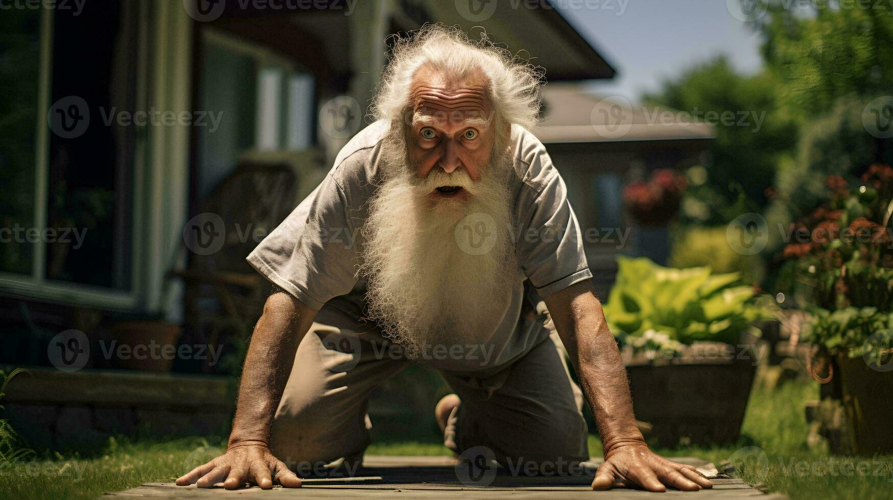 an old man with a long white beard crawling on the ground  ai generative photo