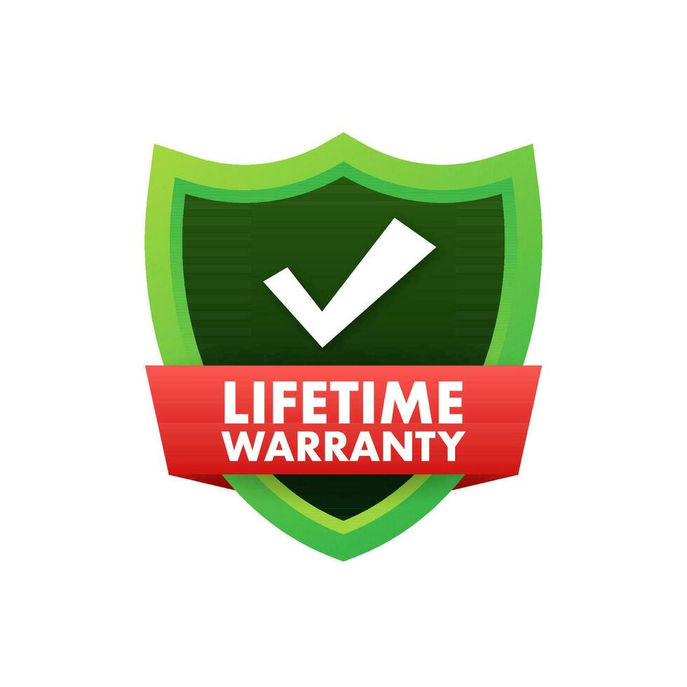 Flat banner with red lifetime warranty. Flat vector illustration character.