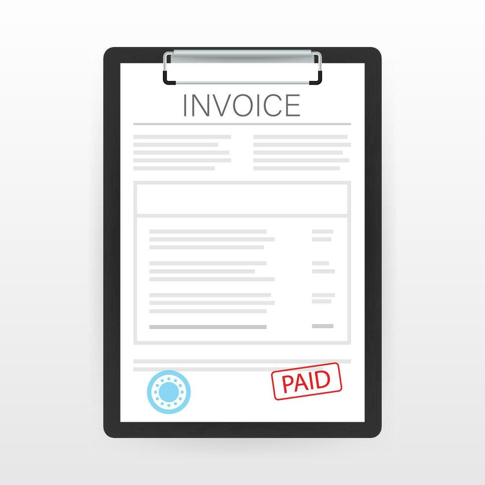 Invoice with paid stamp in clipboard. Vector stock illustration