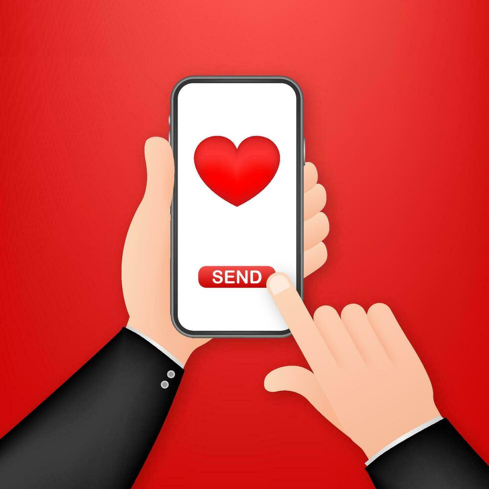 Smartphone hand love. Social network concept. Hand holding mobile phone. Like icon. Mobile internet, social media. Vector stock illustration