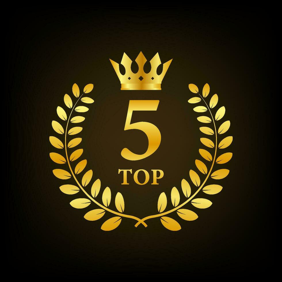 Top 5 label. Golden laurel wreath icon. Vector stock illustration