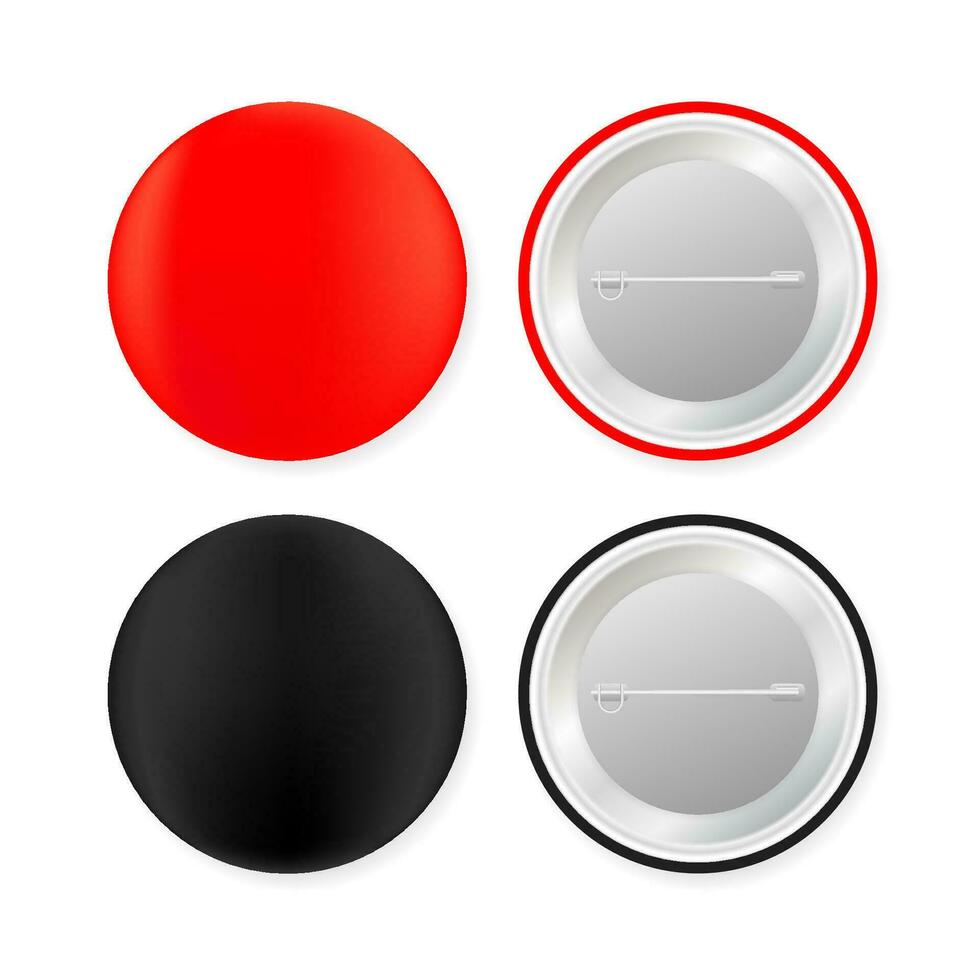 Pin badges. Red and black round blank button. Souvenir magnet badging mockup. Vector stock illustration